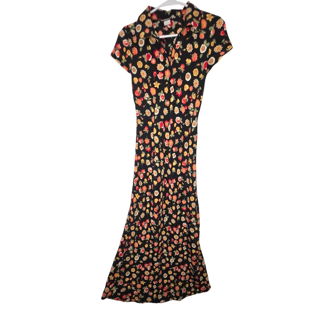 Joule Vintage Floral Maxi Dress Black Sunflower Rose Short Sleeve Small USA Made